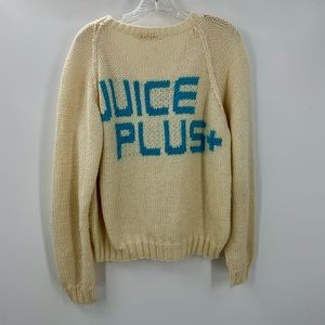 Hand Knit Juice Plus+ Chunky Sweater Cream Ivory Teal Blue Womens Medium